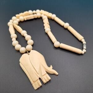 Vintage Carved Elephant Necklace, Carved Long Beads, Acrylic Round Beads